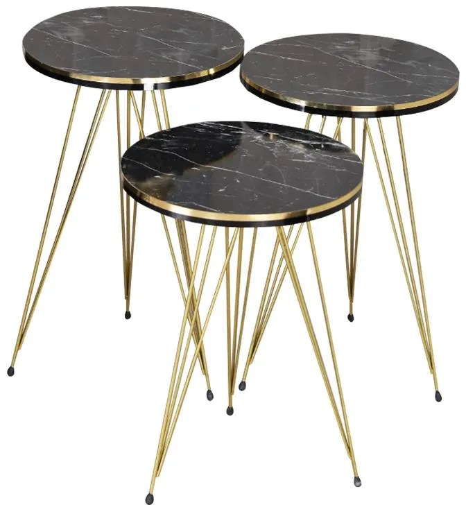 Τραπεζάκια σαλονιού Βοηθητικά Wakmi σετ 3 τεμ. σε μαύρο μάρμαρο μελαμίνη - χρυσό μέταλλο 33x33x55 εκ.