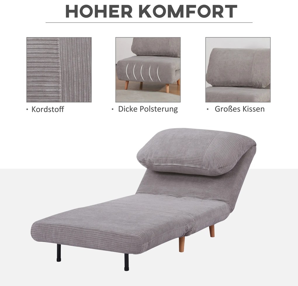 HOMCOM Πολυθρόνα-Κρεβάτι 2-σε-1, Καναπές-Κρεβάτι, έως 200 kg, Ρυθμιζόμενο προσκέφαλο, Υφή κοτλέ 82 cm x 89 cm x 83 cm Γκρι