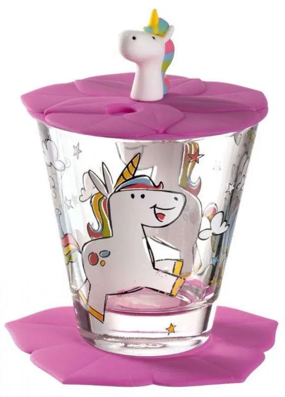 Ποτήρι Παιδικό Με Καπάκι Και Σουβέρ Unicorn (Σετ 3Τμχ) 034800L Multi Leonardo Glass