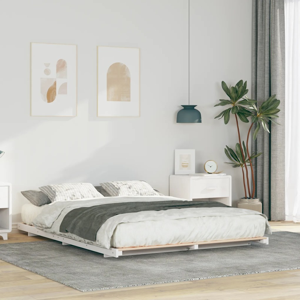 vidaXL Κρεβάτι δαπέδου Λευκό 140 x 200 cm Μασίφ ξύλο πεύκου