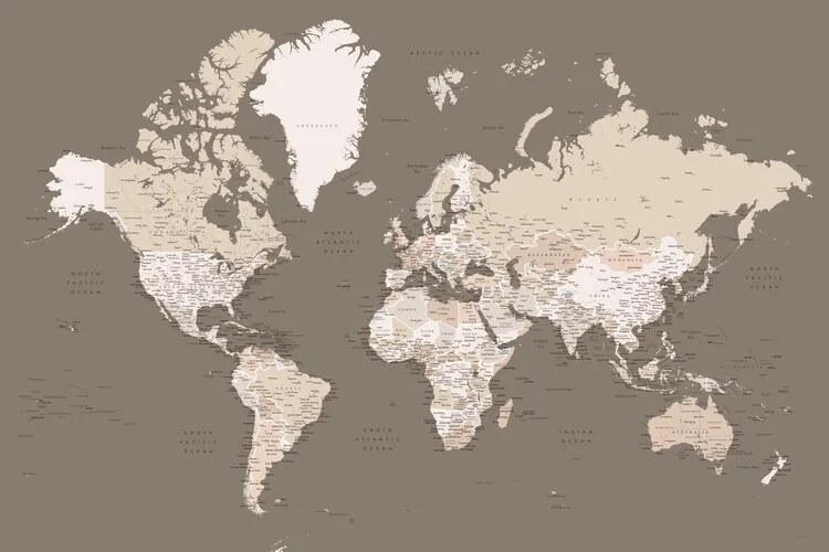 Χάρτης Earth tones detailed world map with cities, Blursbyai