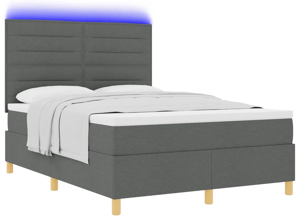 vidaXL Κρεβάτι με Βάση Άνοιξης με Στρώμα & LED Σκούρο Γκρι 160x200 cm Ύφασμα