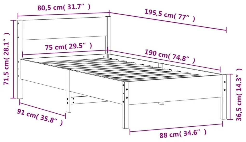 Σκελετός Κρεβατιού Χωρίς Στρώμα 75x190 εκ Μασίφ Ξύλο Πεύκου - Καφέ