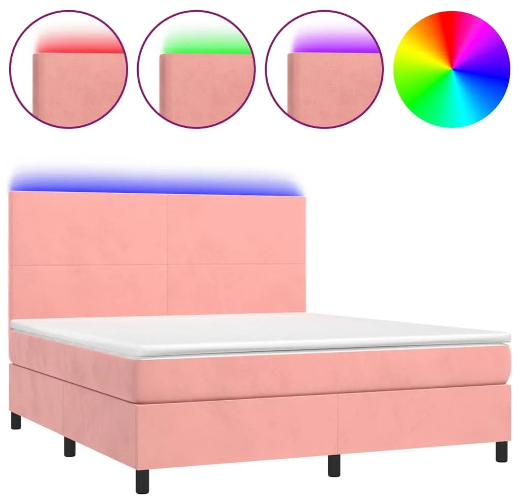 vidaXL Κρεβάτι Boxspring με Στρώμα & LED Ροζ 160x200 εκ. Βελούδινο