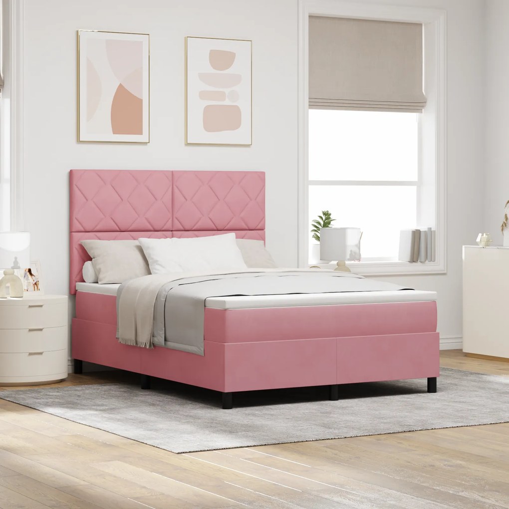 vidaXL Κρεβάτι Box Spring με Στρώμα Ροζ 140x190 εκ Βελούδο
