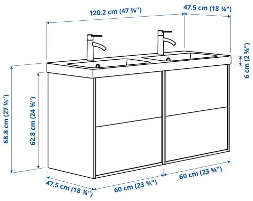 ANGSJON/BACKSJON έπιπλο νιπτήρα/νιπτήρας/μπαταρίες, 122x49x69 cm 995.285.35