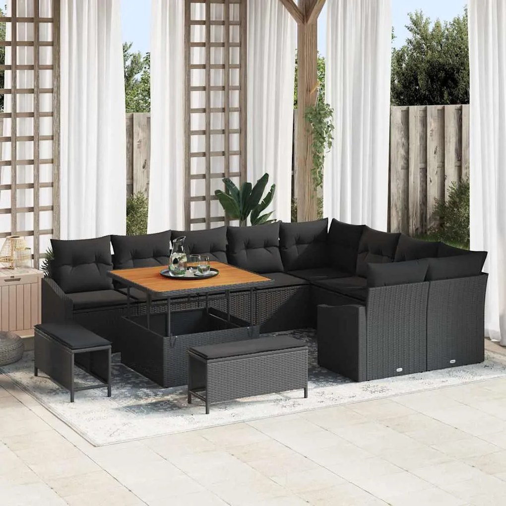 vidaXL Σετ Καναπέ Κήπου με μαξιλάρι 12 pcs Μαύρο Πολυ ράταν