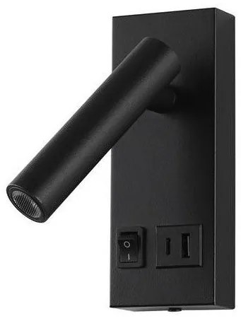 Σποτ Φωτιστικό Τοίχου LED 2W 3000K ON/OFF Υποδοχή USB Plus Eurolamp 145-22068 Μαύρο