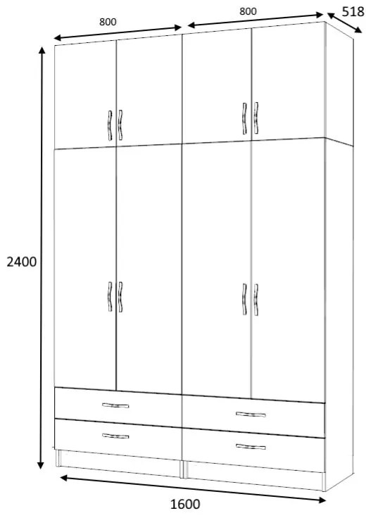 Ντουλάπα ρούχων Ricardo Megapap τετράφυλλη με πατάρι και συρτάρια χρώμα φυσικό οξιάς 160x51,8x240εκ.