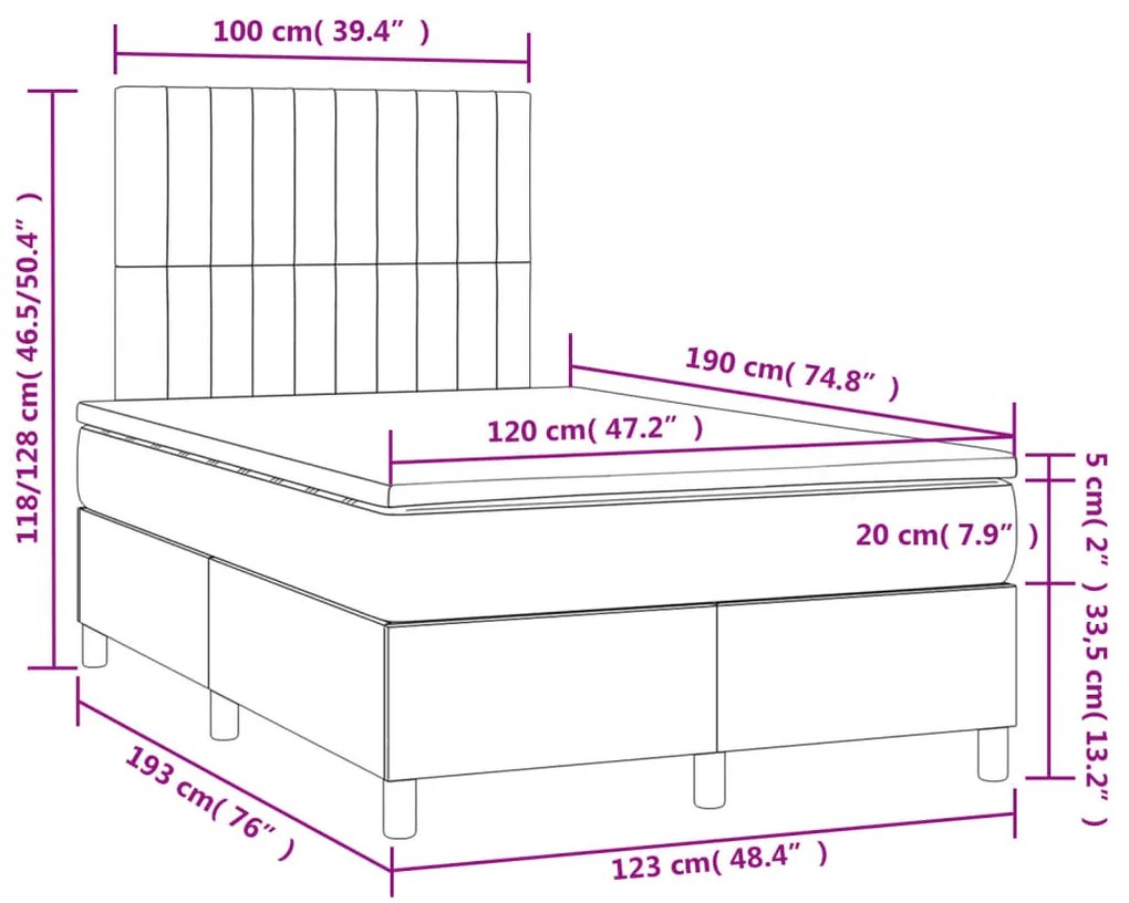 Κρεβάτι Boxspring με Στρώμα &amp; LED Αν.Γκρι 120x190εκ. Βελούδινο - Γκρι