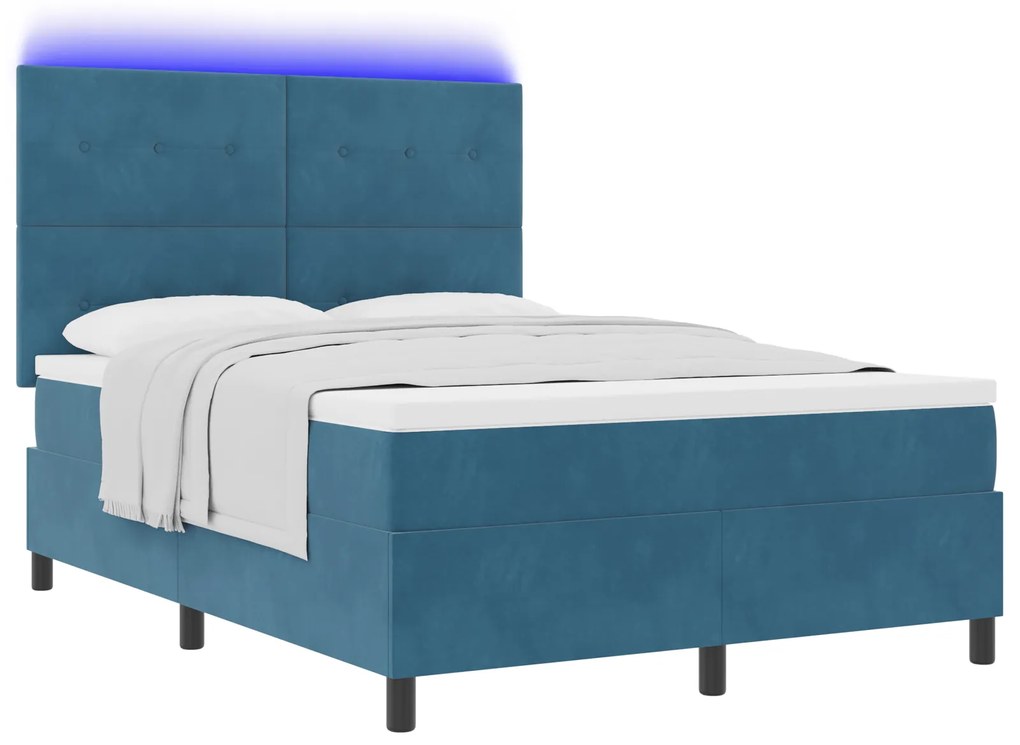 vidaXL Κρεβάτι Box Spring με Στρώμα & LED Μπλε Σκοτεινό 140x200 εκ Βελούδο