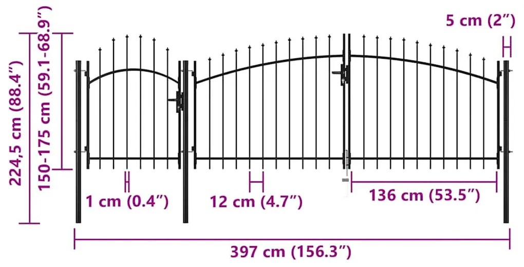 vidaXL Καγκελόπορτα Μαύρη 2,25 x 4 μ. Ατσάλινη