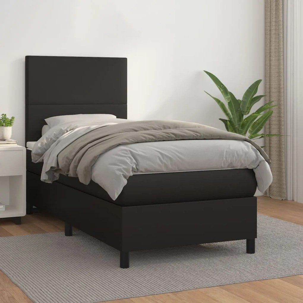 vidaXL Κρεβάτι Boxspring με Στρώμα Μαύρο 90x190εκ. από Συνθετικό Δέρμα