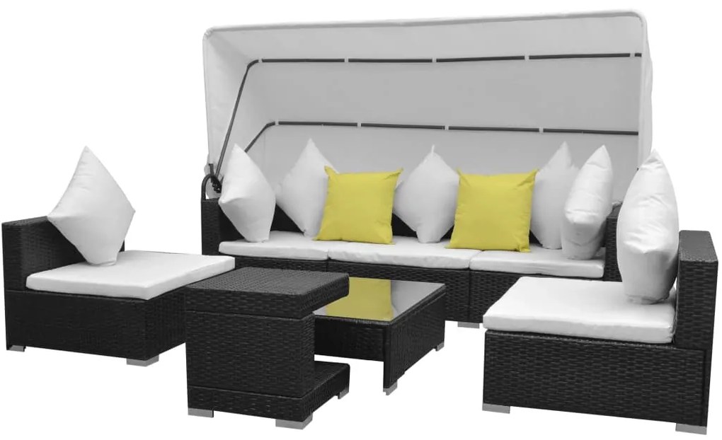 vidaXL Σαλόνι Κήπου 7 Τεμαχίων Μαύρο από Συνθετικό Ρατάν με Σκίαστρο