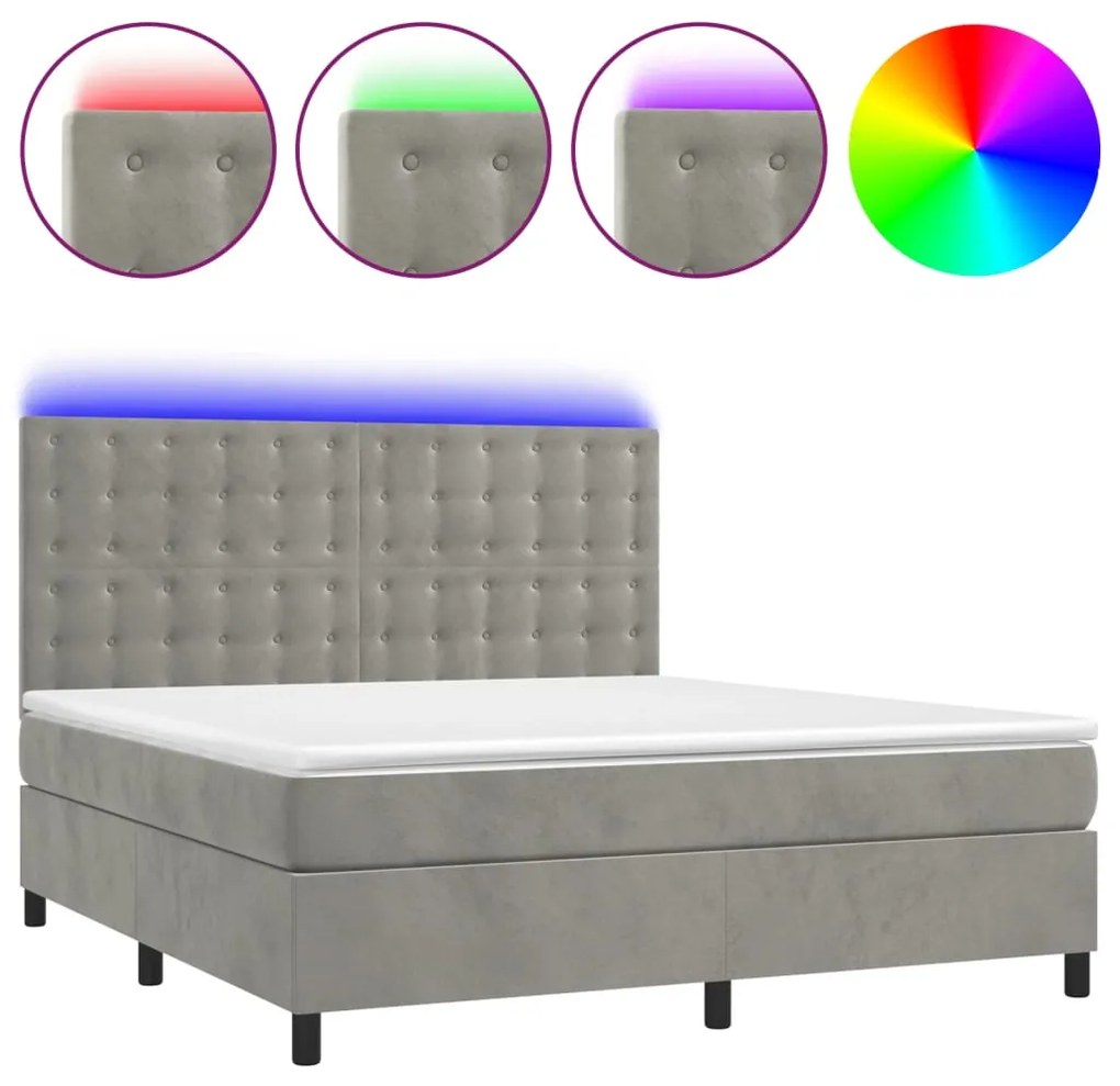 vidaXL Κρεβάτι Boxspring με Στρώμα & LED Αν.Γκρι 180x200 εκ. Βελούδινο