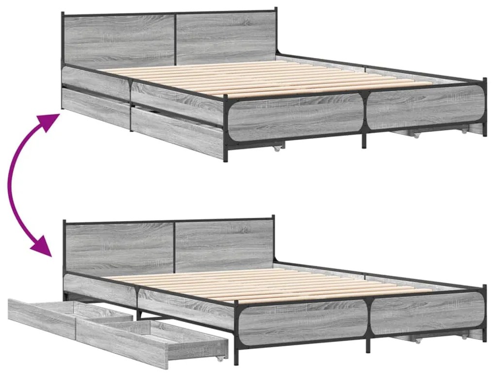 vidaXL Πλαίσιο Κρεβατιού με συρτάρια Γκρι sonoma 140x200εκ. Επεξ. Ξύλο