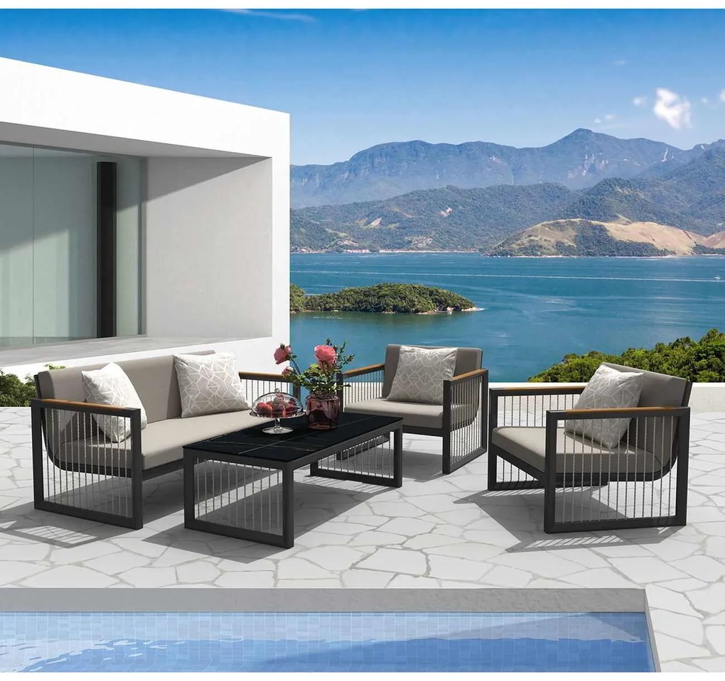 CORDOBA Set Καθιστικό Κήπου ALU Ανθρακί, Καναπές+2 Πολυθρ. +Τραπέζι, Μαξιλάρια Μπεζ 147x78x70/80x78x70/120x60x40cm