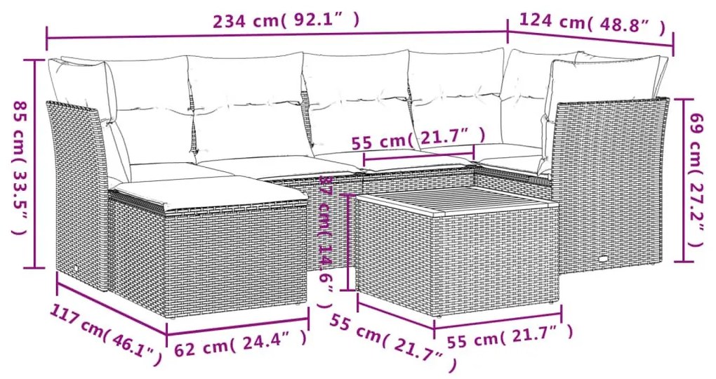 Καναπές Σετ 7 Τεμαχίων Μαύρο Συνθετικό Ρατάν με Μαξιλάρια - Μαύρο