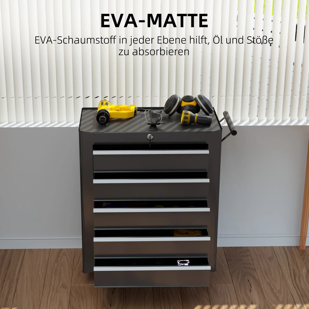 HOMCOM Εργαλειοθήκη, Εργαλειοθήκη με Ρόδες, 5 Συρτάρια, Ατσάλι, Μαύρο