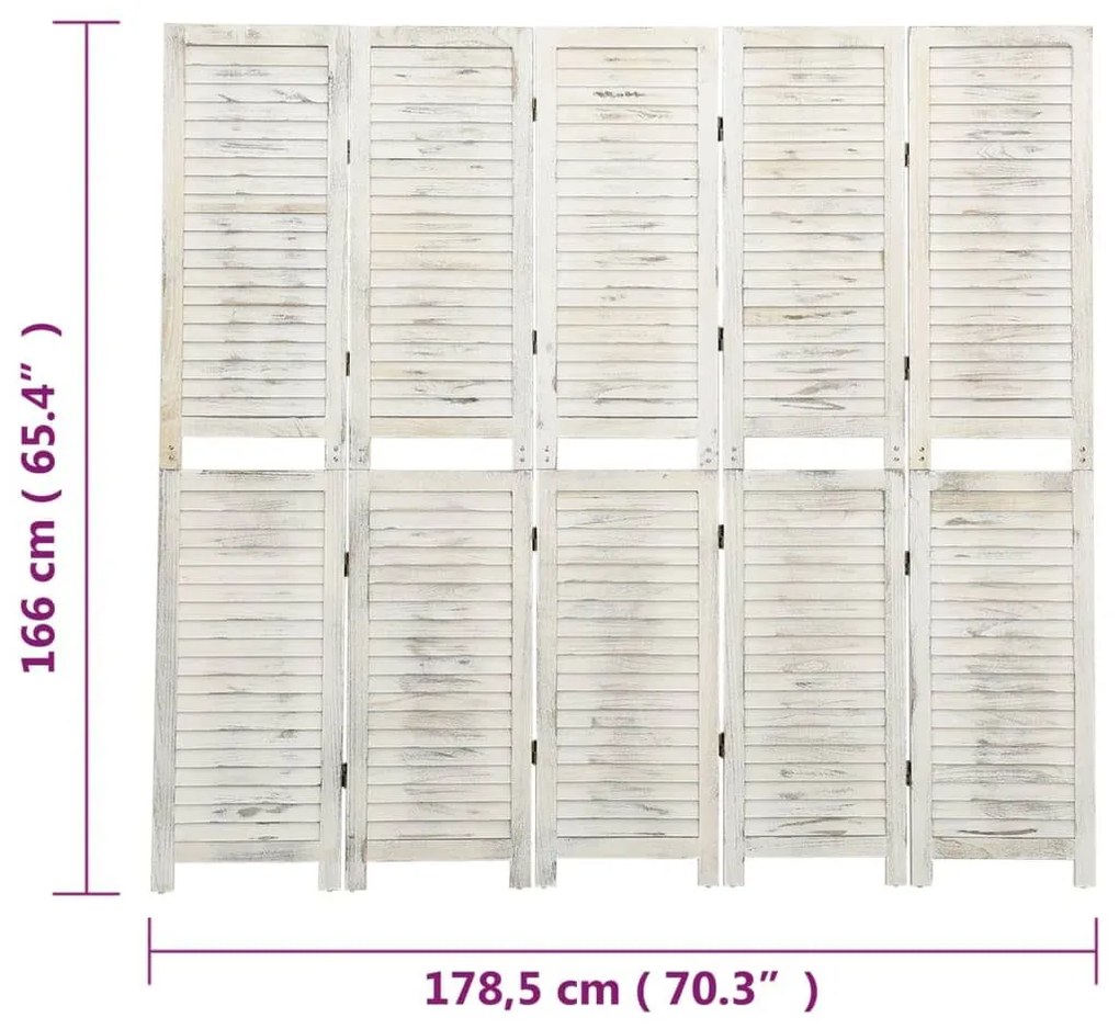 Διαχωριστικό Χώρου 5 Πάνελ Αντικέ Λευκό 178,5x166 εκ Μασίφ Ξύλο - Λευκό