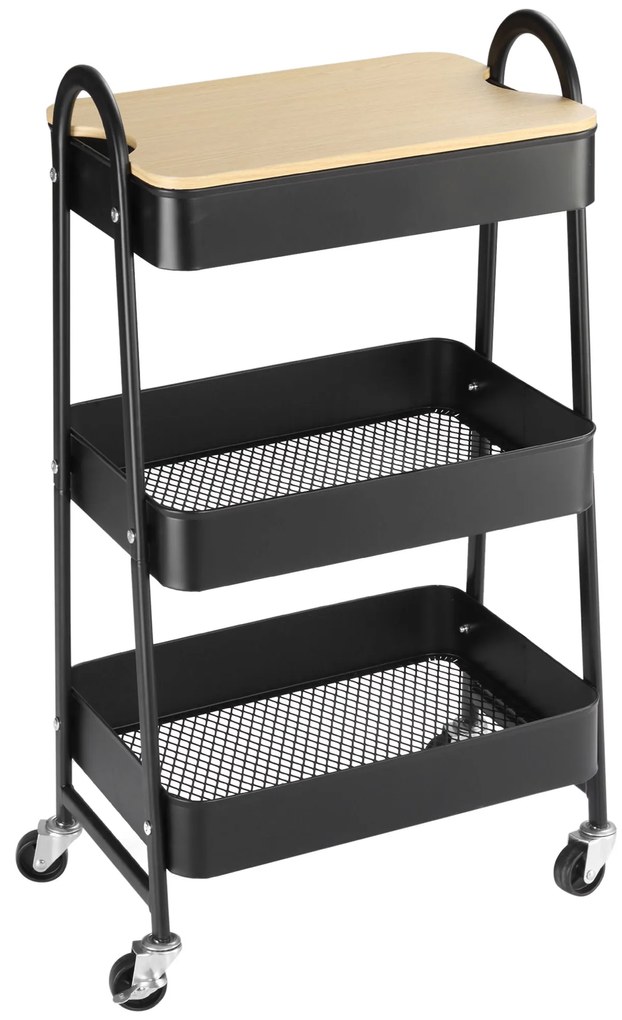 HOMCOM Τροχήλατο καρότσι, καρότσι σερβιρίσματος με 3 καλάθια, μέταλλο, πλαστικό, Μαύρο