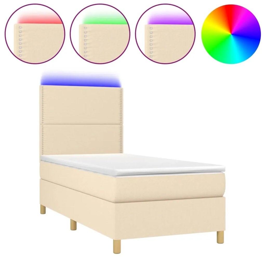 vidaXL Κρεβάτι Boxspring με Στρώμα &amp; LED Κρεμ 90x190 εκ. Υφασμάτινο