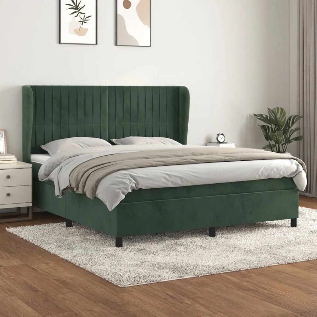 Κρεβάτι Boxspring με Στρώμα Σκούρο Πράσινο 180x200εκ. Βελούδινο
