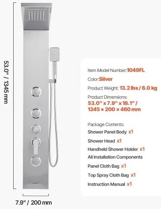 VEVOR Shower Panel Tower System Stainless Steel Column Rainfall Head Massage Jet