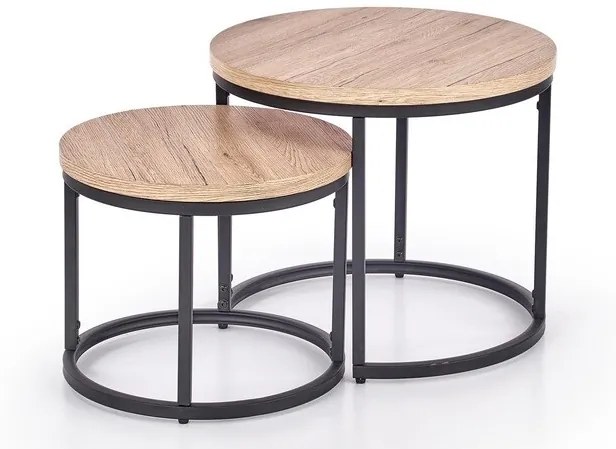 Σετ τραπεζιών περιοδικών Houston 951, San remo δρυς, Μαύρο, 45cm, Ινοσανίδες μέσης πυκνότητας, Φυσικό ξύλο καπλαμά, Στρόγγυλος