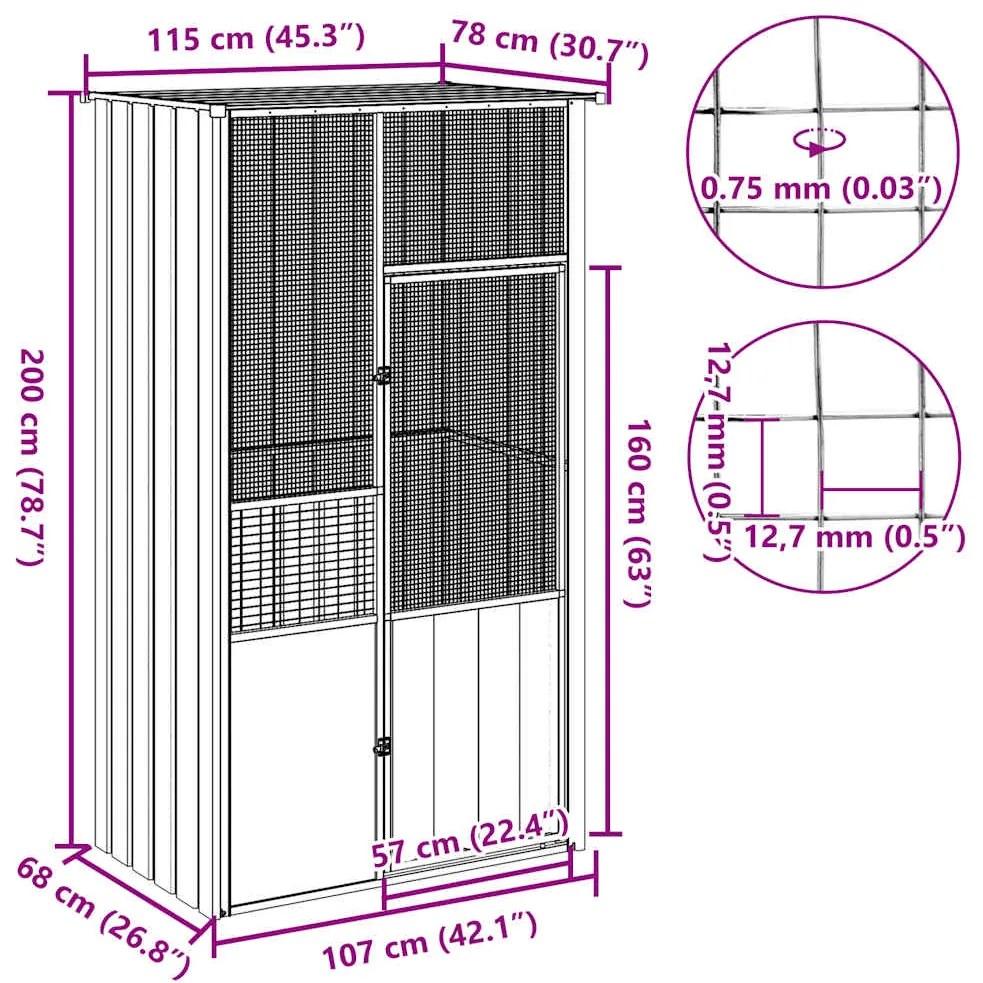 vidaXL Κλουβί Πουλιών Γκρι 115x78x200 εκ. από Γαλβανισμένο Χάλυβα
