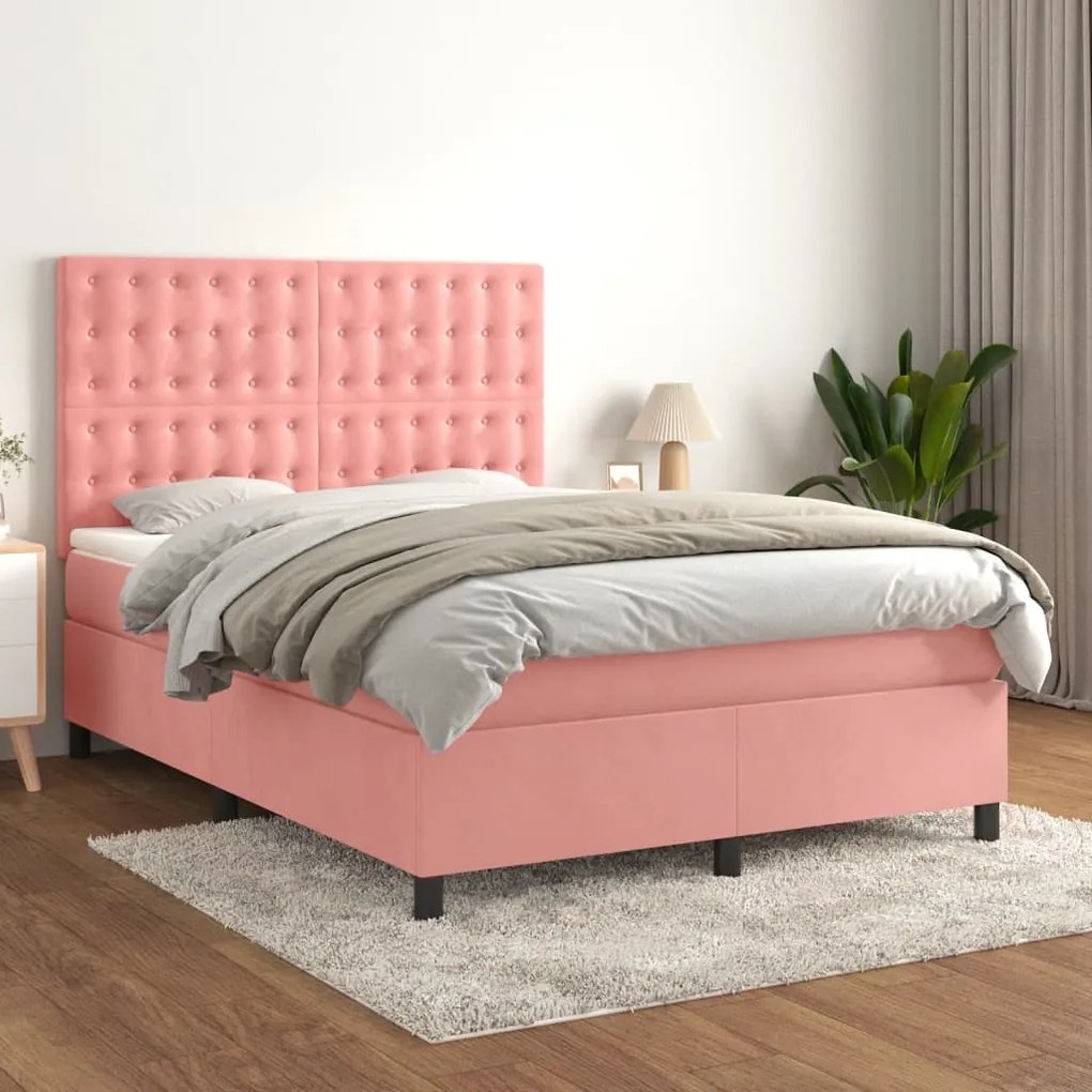 Κρεβάτι Boxspring με Στρώμα Ροζ 140x190 εκ. Βελούδινο