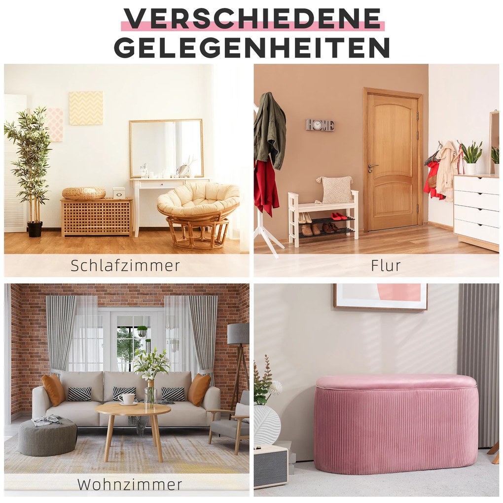 HOMCOM Πάγκος με αποθηκευτικό χώρο, επενδυμένος πάγκος, οθωμανικό, ρετρό σχεδιασμός, εμφάνιση βελούδου, 81 cm x 40 cm x 41 cm, απαλό ροζ