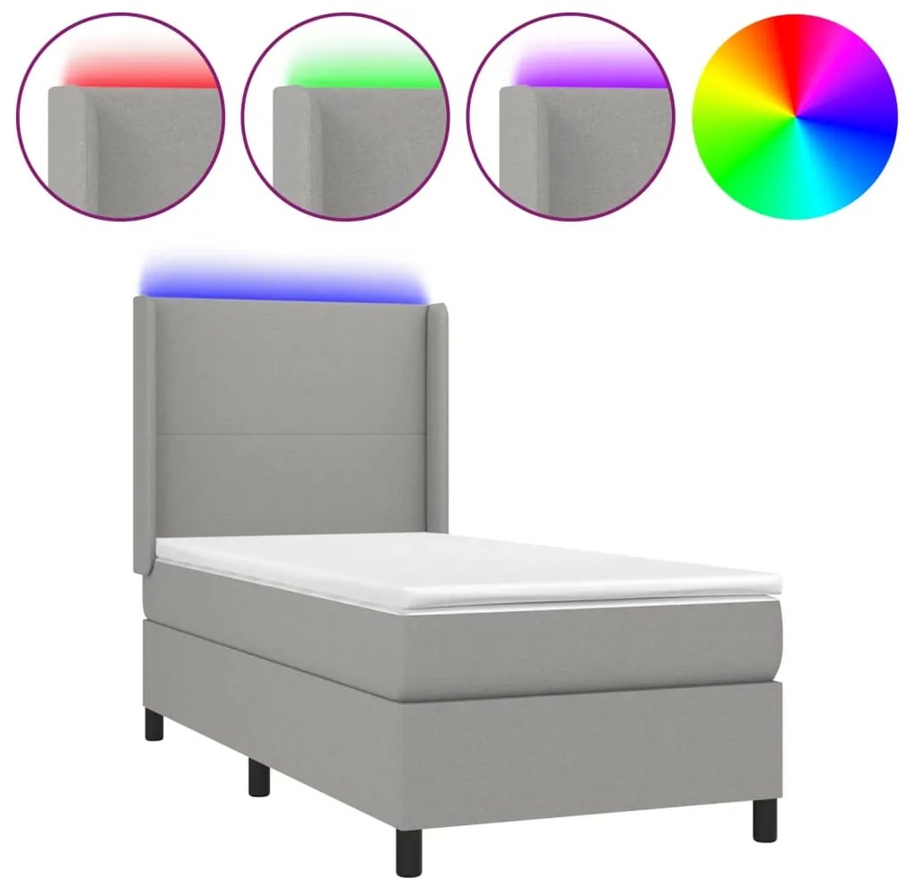 vidaXL Κρεβάτι Boxspring με Στρώμα &amp; LED Αν.Γκρι 100x200εκ. Υφασμάτινο