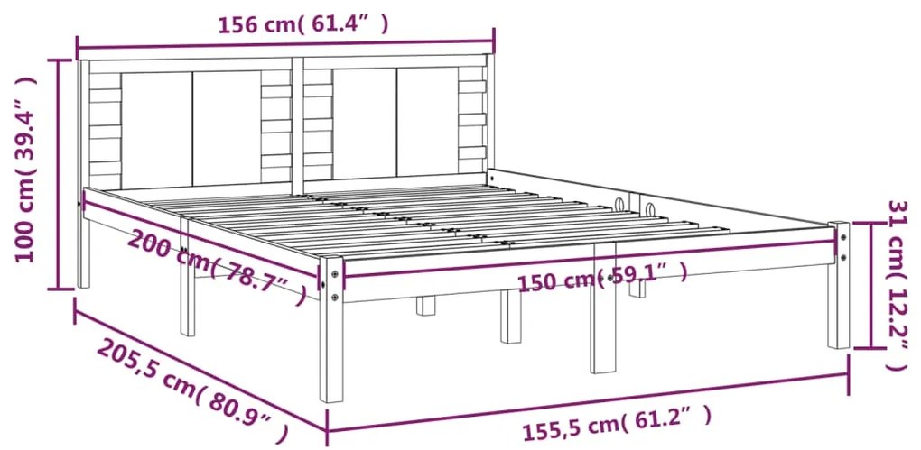 vidaXL Πλαίσιο Κρεβατιού Λευκό 150 x 200 εκ. Μασίφ Ξύλο King Size