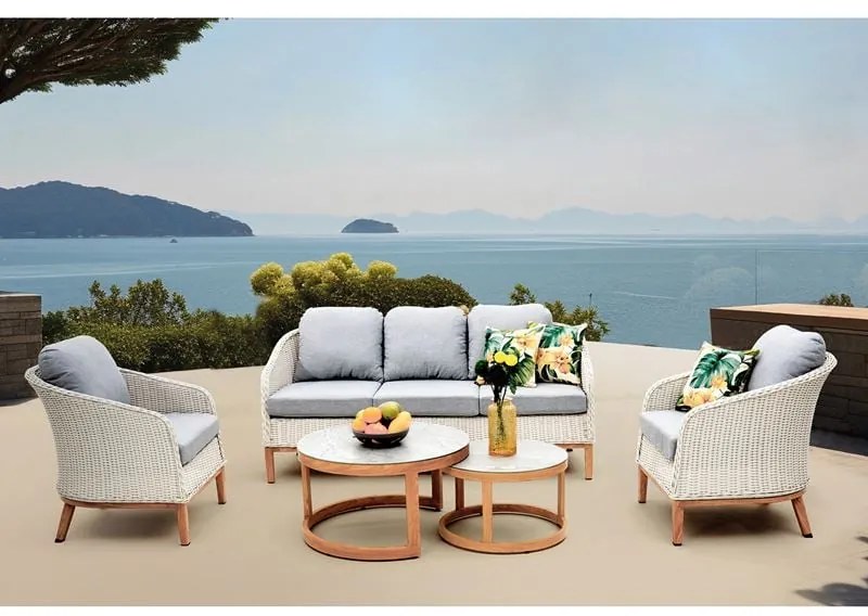WOODWELL IBIZA Set Σαλόνι Κήπου: 3θέσιο +2 Πολυθρόνες+2 Τραπεζάκια ALU Φυσικό-Wicker Άσπρο-Μαξιλ.Γκρι 182x78x79-66x78x79-Φ80-Φ60cm Ε6875