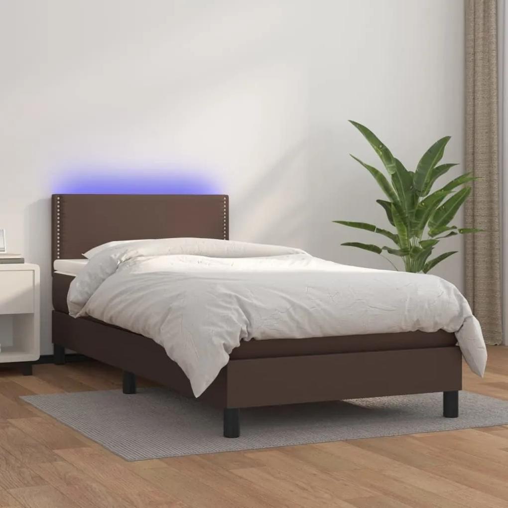 Κρεβάτι Boxspring με Στρώμα &amp; LED Καφέ 100x200 εκ. Συνθ. Δέρμα - Καφέ