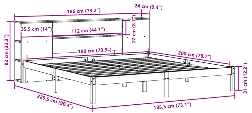 Κρεβάτι Βιβλιοθήκη Χωρίς Στρώμα 180x200 εκ Μασίφ Ξύλο Πεύκου - Καφέ