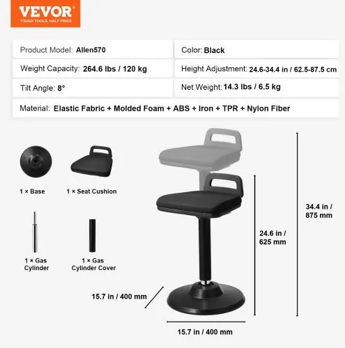 VEVOR Wobble Chair Height-Adjustable (24.6-34.4&quot;) Active Chair with Handle Black