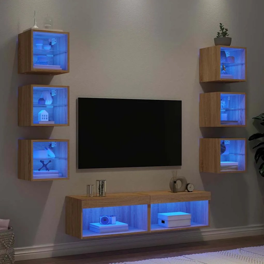 vidaXL Έπιπλα Τοίχου Τηλεόρασης 8 τεμ. LED Sonoma Δρυς από Επεξ. Ξύλο