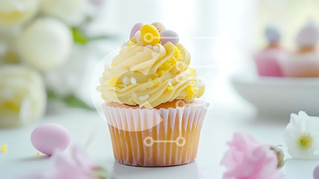Intra Συλλεκτικό Ξύλινο Παζλ Plywood  4mm - Κίτρινο Cupcake με λουλούδια στο τραπέζι Σε Ξύλινο Κουτί - Διαστάσεις: 10x10 cm – 25 κομμάτια