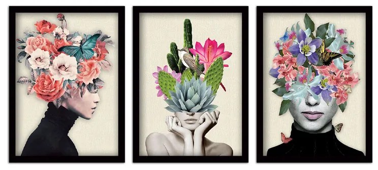 Πίνακας "Flower Girls" Megapap 3 τμχ. σε πλαίσιο 35x45x2εκ.