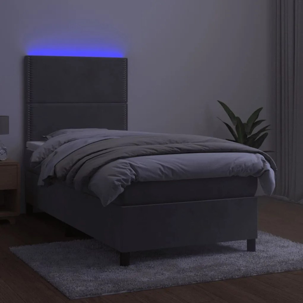 vidaXL Κρεβάτι Boxspring με Στρώμα &amp; LED Αν.Γκρι 90x190 εκ. Βελούδινο