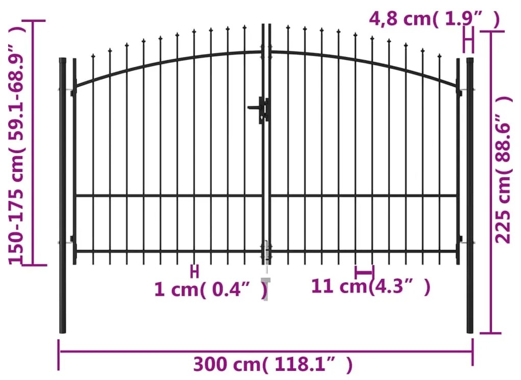vidaXL Καγκελόπορτα Διπλή με Ακίδες Μαύρη 3 x 1,75 μ. Ατσάλινη