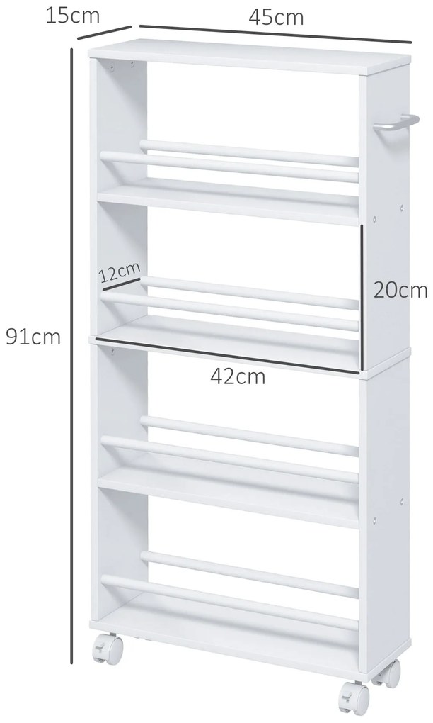 HOMCOM Πολυλειτουργικό ράφι με ροδάκια, στενό σχεδιασμό, 4 ράφια, 45x15x91 cm, Λευκό