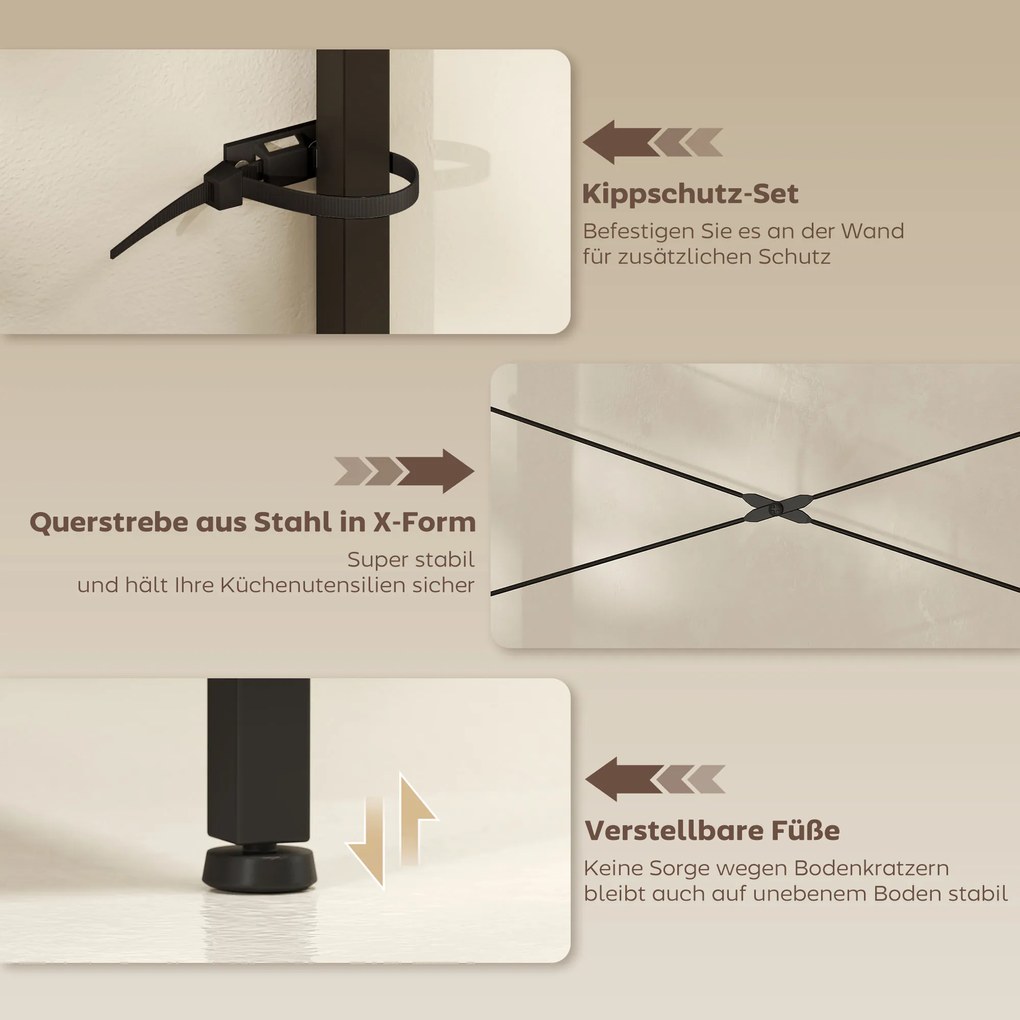 Ράφι κουζίνας HOMCOM, ράφι δαπέδου με 2 πρίζες, 5 S-άγκιστρα, 5 ράφια, καλάθι, χαλύβδινες μπάρες Χ, 90 x 42 x 130 cm