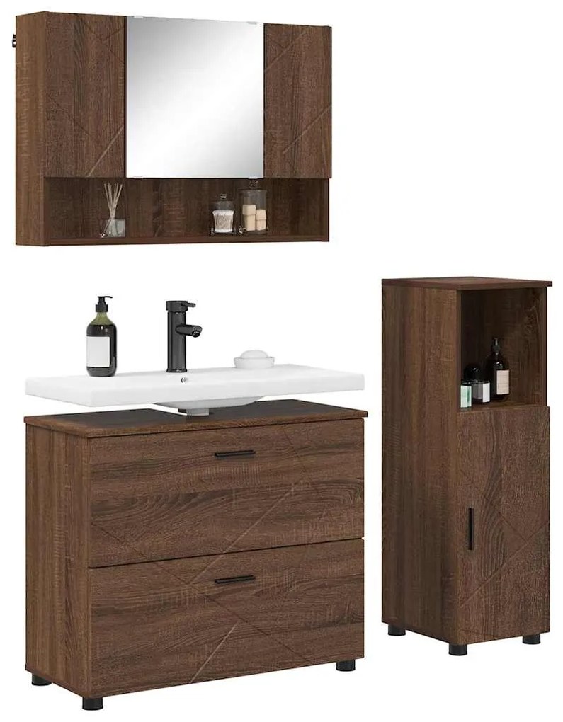 vidaXL Σετ Επίπλων Μπάνιου με ράφι 3 pcs Καφέ δρυς 76,5 x 35 x 64 εκ