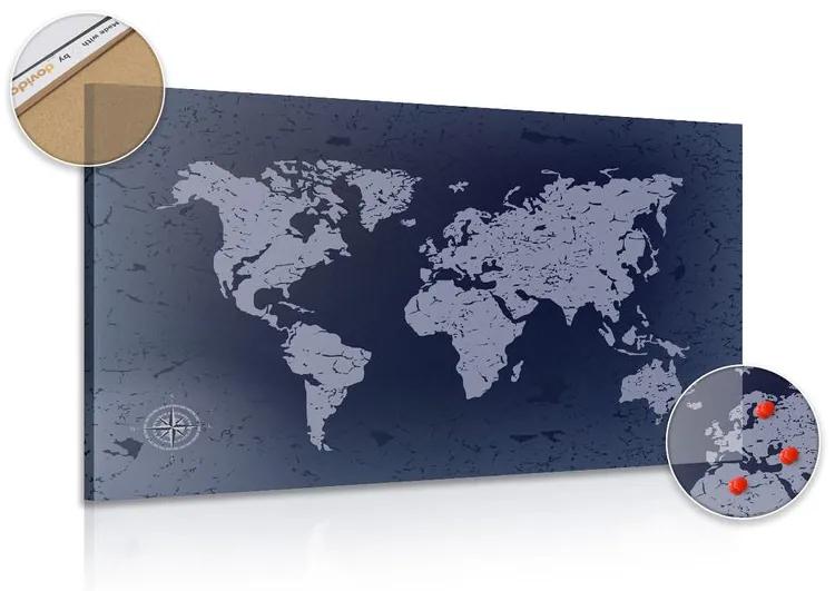 Εικόνα στο φελλό ενός παλιού παγκόσμιου χάρτη σε μπλε αφηρημένο φόντο - 120x80  wooden