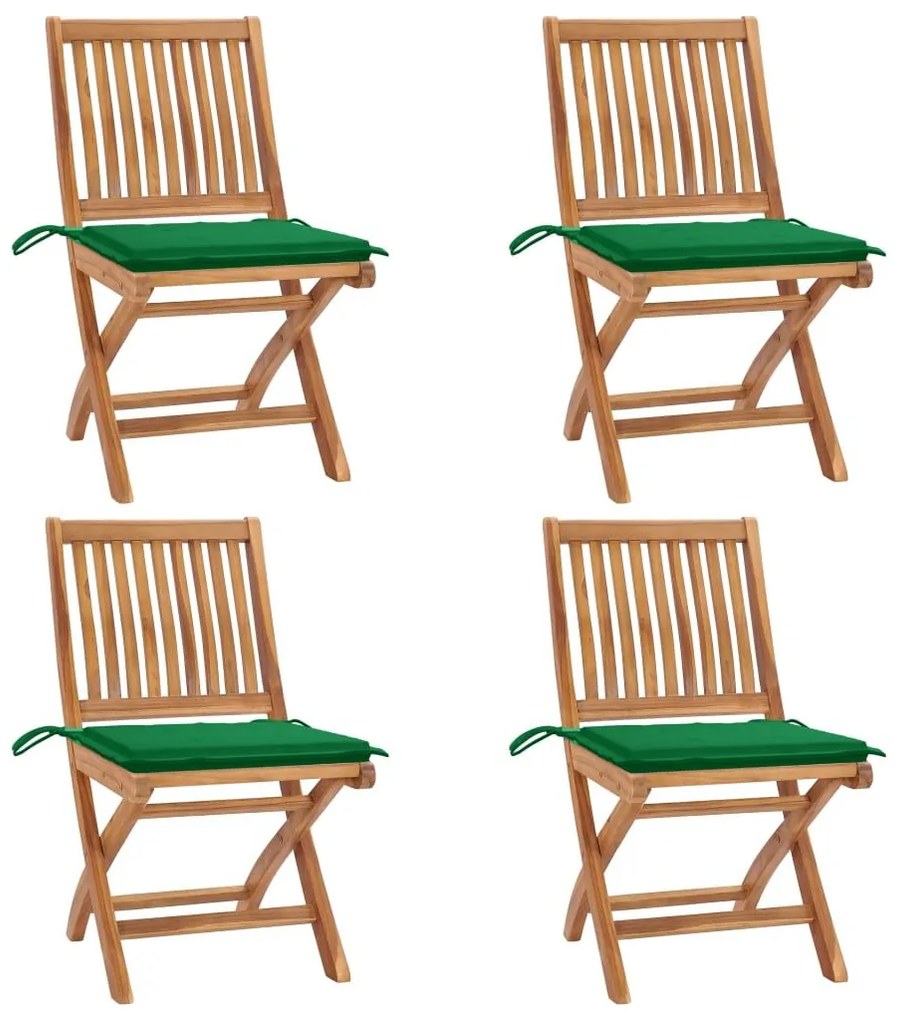 Καρέκλες Κήπου Πτυσσόμενες 4 τεμ. Μασίφ Ξύλο Teak με Μαξιλάρια - Πράσινο