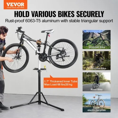 VEVOR Bike Repair Stand, 66 lbs Heavy-duty Aluminum Bicycle Repair Stand, Adjustable Height Bike Maintenance Workstand with Magnetic Tool Tray Telescopic Arm, Foldable Bike Work Stand for Home, Shops