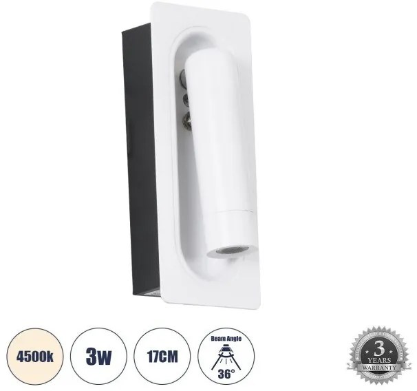 Χωνευτό Φωτιστικό Τοίχου Bed Side 3W 4500K Αλουμίνιο MANHATTAN Globostar-61098-Λευκό 61098